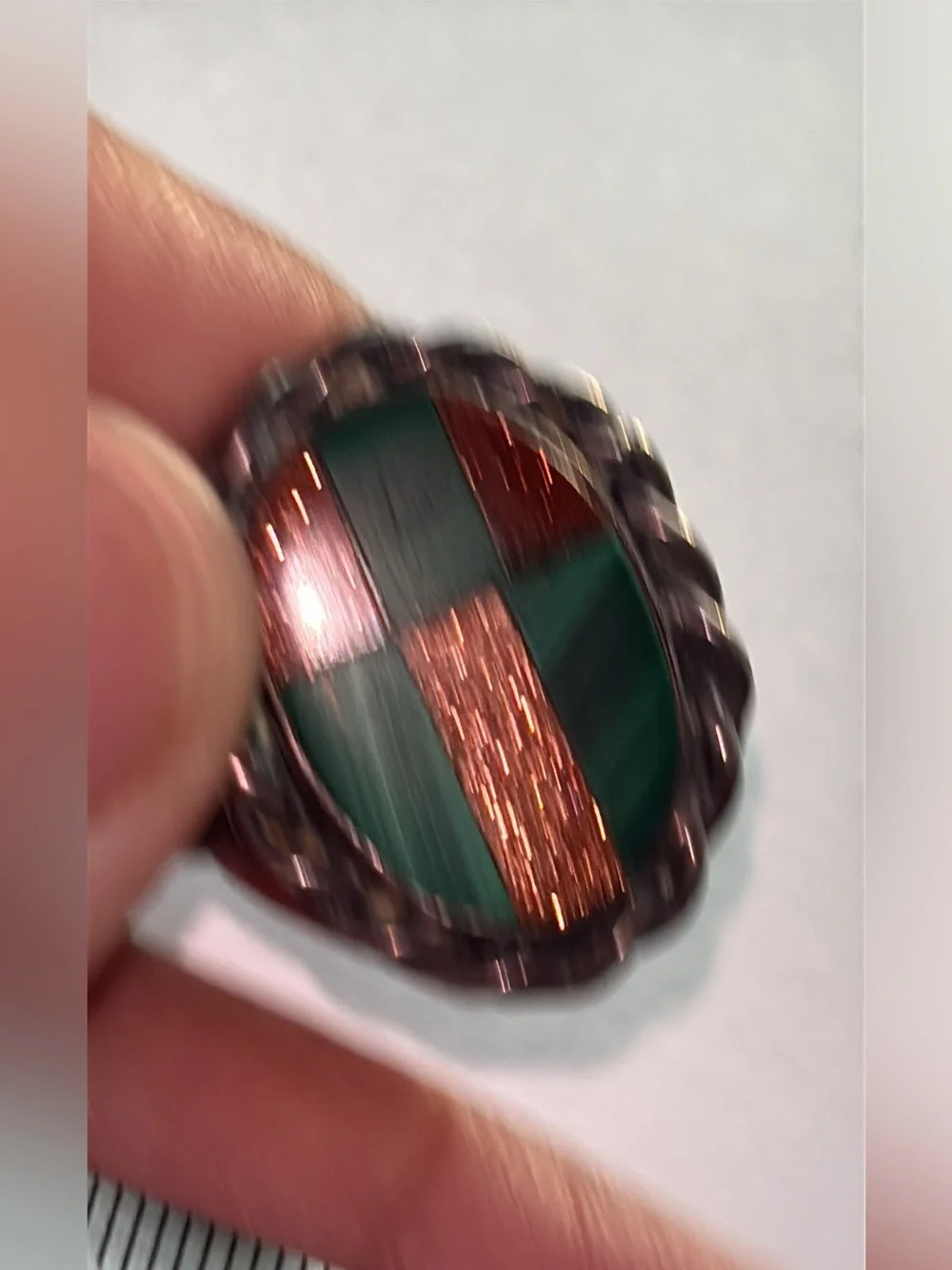 Sterling Silver Inlay Green Malachite and Copper Glitter Oval Ring